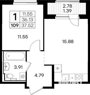 1-к квартира, вторичка, 38м2, 1/9 этаж