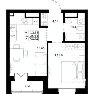 1-к квартира, строящийся дом, 37м2, 23/24 этаж