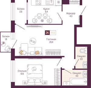 2-к квартира, вторичка, 54м2, 2/19 этаж