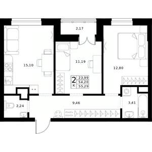 2-к квартира, строящийся дом, 55м2, 9/24 этаж