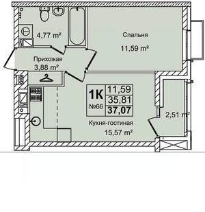1-к квартира, строящийся дом, 37м2, 9/16 этаж