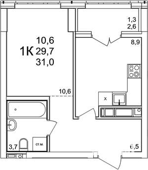 1-к квартира, вторичка, 31м2, 19/25 этаж