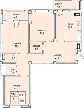 3-к квартира, вторичка, 97м2, 7/12 этаж