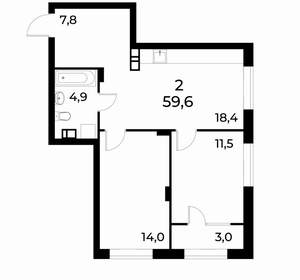 2-к квартира, вторичка, 59м2, 18/19 этаж
