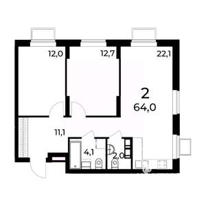 2-к квартира, вторичка, 64м2, 8/15 этаж