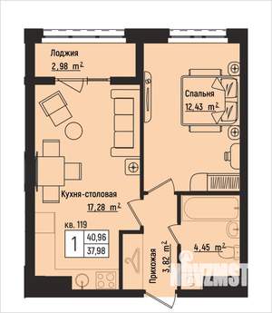1-к квартира, вторичка, 41м2, 14/15 этаж