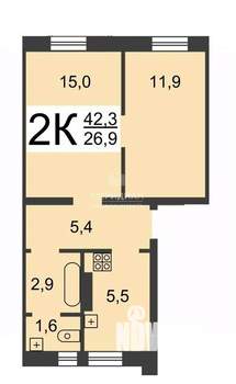 2-к квартира, вторичка, 43м2, 1/2 этаж