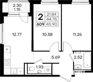 2-к квартира, вторичка, 46м2, 1/9 этаж
