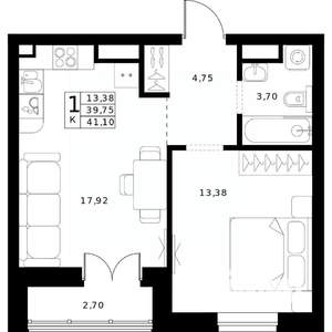 1-к квартира, строящийся дом, 41м2, 13/24 этаж
