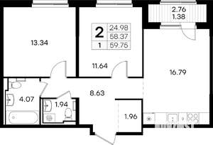 2-к квартира, вторичка, 60м2, 1/9 этаж