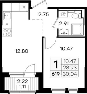 1-к квартира, строящийся дом, 30м2, 2/9 этаж