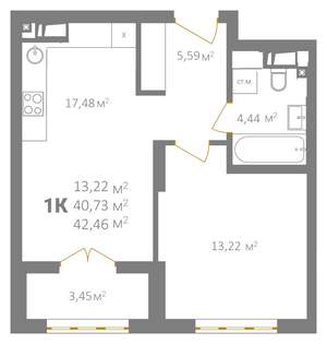 1-к квартира, вторичка, 42м2, 4/18 этаж