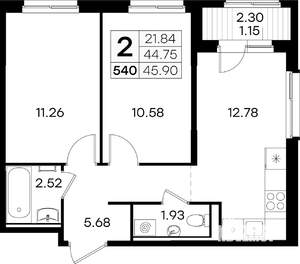 2-к квартира, вторичка, 46м2, 5/9 этаж