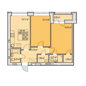 2-к квартира, строящийся дом, 62м2, 2/7 этаж