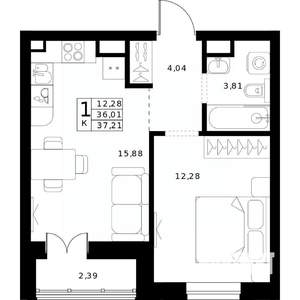 1-к квартира, строящийся дом, 37м2, 8/24 этаж