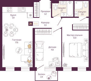 2-к квартира, вторичка, 62м2, 3/19 этаж