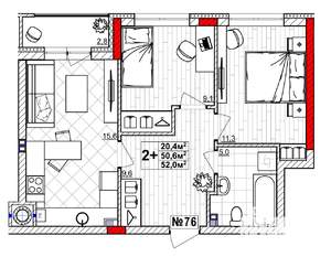 2-к квартира, вторичка, 52м2, 1/4 этаж