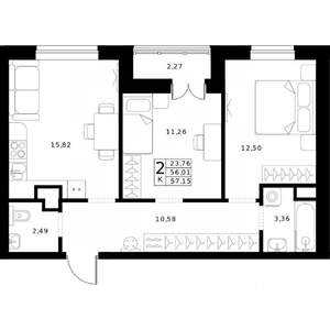 2-к квартира, строящийся дом, 57м2, 12/24 этаж