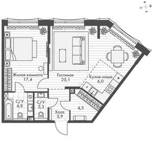 2-к квартира, вторичка, 64м2, 4/16 этаж