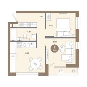 2-к квартира, вторичка, 49м2, 18/18 этаж
