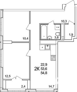 2-к квартира, вторичка, 55м2, 15/25 этаж