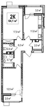 2-к квартира, строящийся дом, 64м2, 11/18 этаж