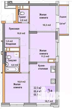 3-к квартира, вторичка, 68м2, 6/25 этаж