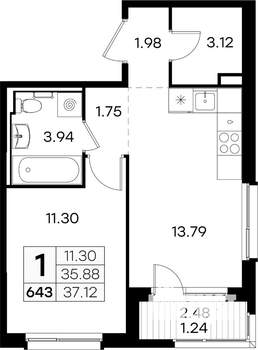 1-к квартира, вторичка, 37м2, 4/9 этаж