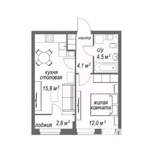 1-к квартира, строящийся дом, 39м2, 6/9 этаж