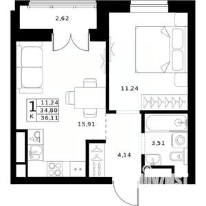 1-к квартира, вторичка, 36м2, 23/24 этаж