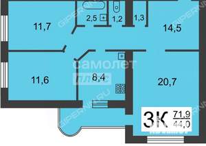 3-к квартира, вторичка, 71м2, 13/18 этаж
