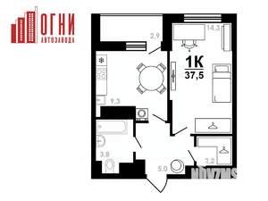 1-к квартира, строящийся дом, 38м2, 24/25 этаж