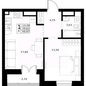 1-к квартира, вторичка, 41м2, 21/24 этаж