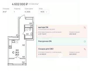 Студия квартира, строящийся дом, 26м2, 18/25 этаж