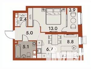 2-к квартира, строящийся дом, 45м2, 14/25 этаж