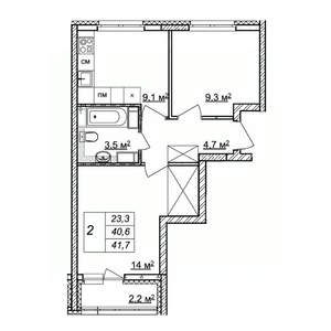 2-к квартира, строящийся дом, 42м2, 20/25 этаж