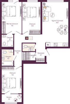 3-к квартира, вторичка, 91м2, 11/19 этаж