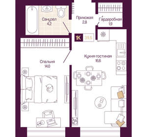 1-к квартира, вторичка, 40м2, 13/25 этаж