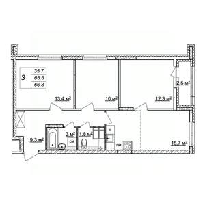 3-к квартира, строящийся дом, 67м2, 17/25 этаж