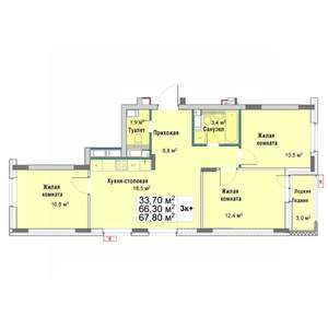 3-к квартира, вторичка, 66м2, 7/12 этаж