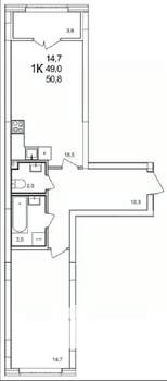 1-к квартира, вторичка, 51м2, 17/19 этаж