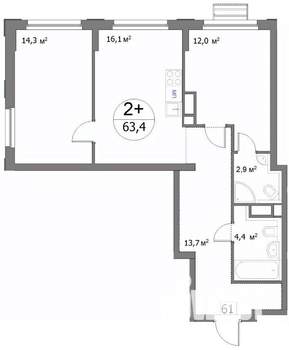 2-к квартира, строящийся дом, 63м2, 10/22 этаж