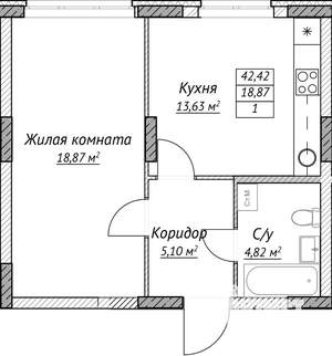 1-к квартира, вторичка, 42м2, 2/14 этаж