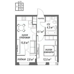 1-к квартира, строящийся дом, 38м2, 6/9 этаж