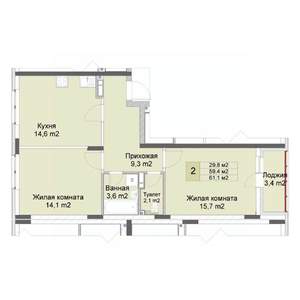 2-к квартира, строящийся дом, 61м2, 9/10 этаж