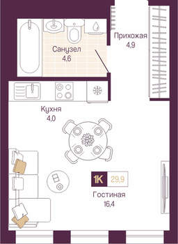 Студия квартира, вторичка, 30м2, 11/19 этаж