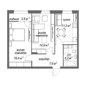 2-к квартира, строящийся дом, 57м2, 6/9 этаж