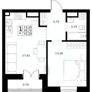 1-к квартира, строящийся дом, 41м2, 15/24 этаж
