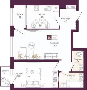 2-к квартира, вторичка, 54м2, 3/12 этаж