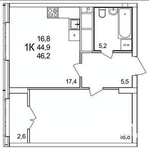 1-к квартира, строящийся дом, 46м2, 25/25 этаж